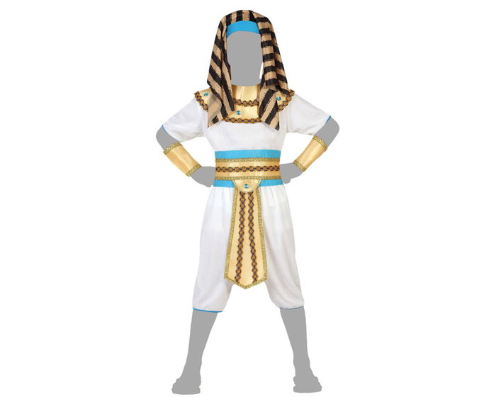 Disfraz de Pharaon pour Garçon, Costume Égyptien Historique Blanc avec Tunique, Pantalon et Accessoires Dorés - Taille 10-12 Ans