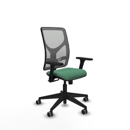 Chaise Motilla Synchro 3 positions tissu Vert émeraude Maille Gris Base pyramidale noire Accoudoir 3D Sans appui-tête Roulettes 65mm pour moquette