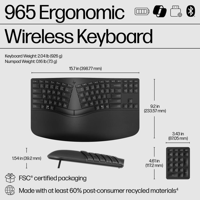 HP Clavier sans fil ergonomique HP 965 Noir