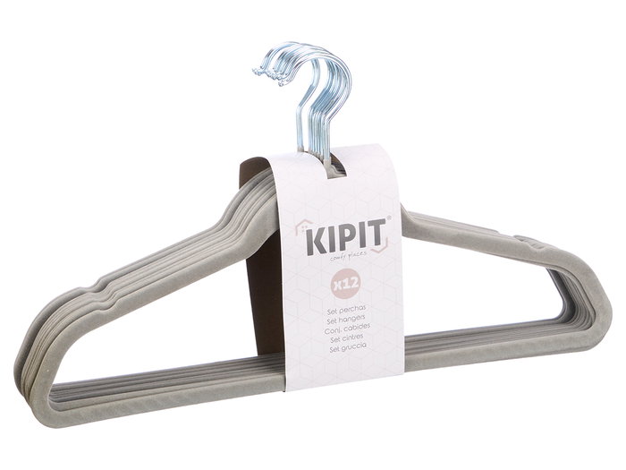 Kipit Lot de 12 Cintres Flockés Gris Velours Métal Plastique 44x23x8 cm (Set de 12)