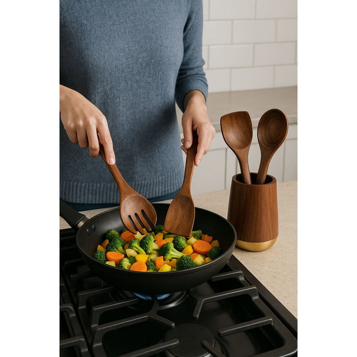 Pot pour ustensiles de cuisine Home ESPRIT Acier inoxydable Acacia 13 x 13 x 16,5 cm 4 Pièces