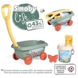 Smoby Life - Chariot de plage garni pour enfant avec seau, pelle, râteau, tamis et moule à sable - Jouet recyclable fabriqué en France - Dès 18 mois