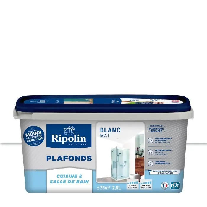 Ripolin RIPOLIN Peinture spéciale pour plafonds cuisine et salle de bain, Blanc mat, 2,5 litres Ripolin RIPOLIN Peinture spéciale pour plafonds cuisine et salle de bain, Blanc mat, 2,5 litres
