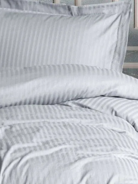 Parure de lit en satin de coton imprimé rayures gris, 1 housse de couette 140 x 200 cm + 1 taie d'oreiller 60 x 60 cm