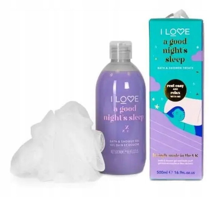 I Love Coffret de Soins pour le Corps - Gel Douche Hydratant Nuit Reposante 500 ml et Éponge de Bain pour Tous Types de Peau, Femme
