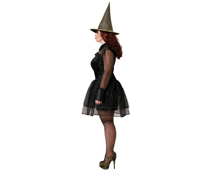 Déguisement Halloween Sorcière Noire pour Femme Adulte XXL - Robe Courte avec Manches Vaporeuses et Chapeau Pointu - Costume Fête Thématique Gothique - Taille XXL