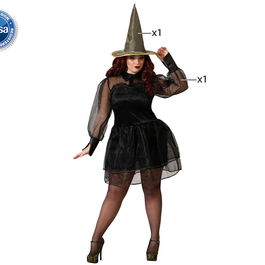 Déguisement de Sorcière Noir, Robe Courte avec Chapeau Pointu et Manches Vaporeuses pour Femme Adulte, Taille XXL, Halloween, Costume de Fête Thématique