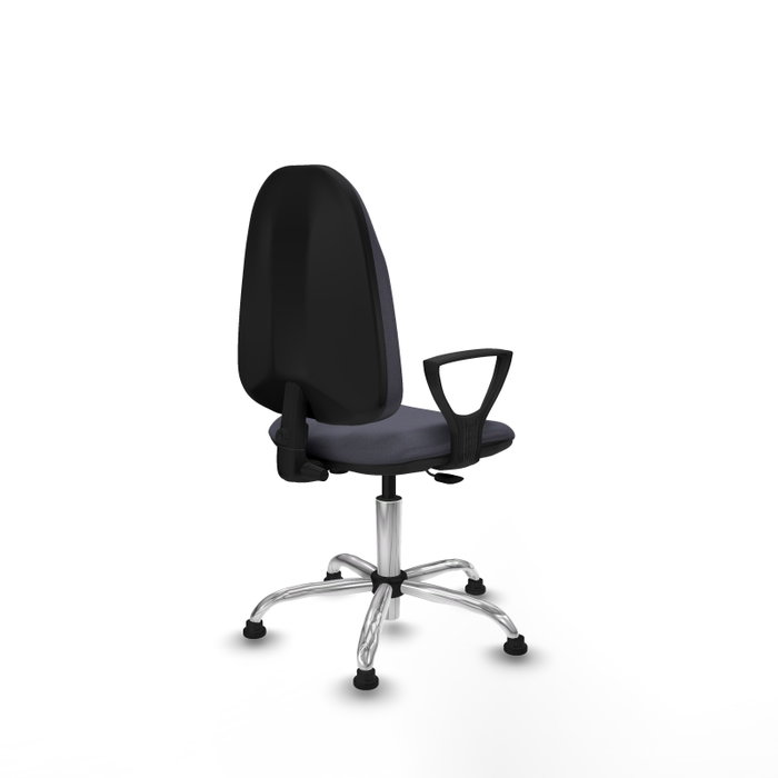 Chaise de bureau Algarra avec mécanisme Contact permanent de base, rembourrée de tissu gris foncé. Équipée d'une base chromée, d'accoudoirs fixes et de butées Chaise de bureau Algarra avec mécanisme Contact permanent de base, rembourrée de tissu gris foncé. Équipée d'une base chromée, d'accoudoirs fixes et de butées