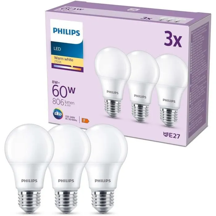 Philips - Ampoule LED - E27 - 60 W équivalent - Blanc chaud - Dépolie - Non Dimmable - 3 Pièces - Durée de vie 30 000 h