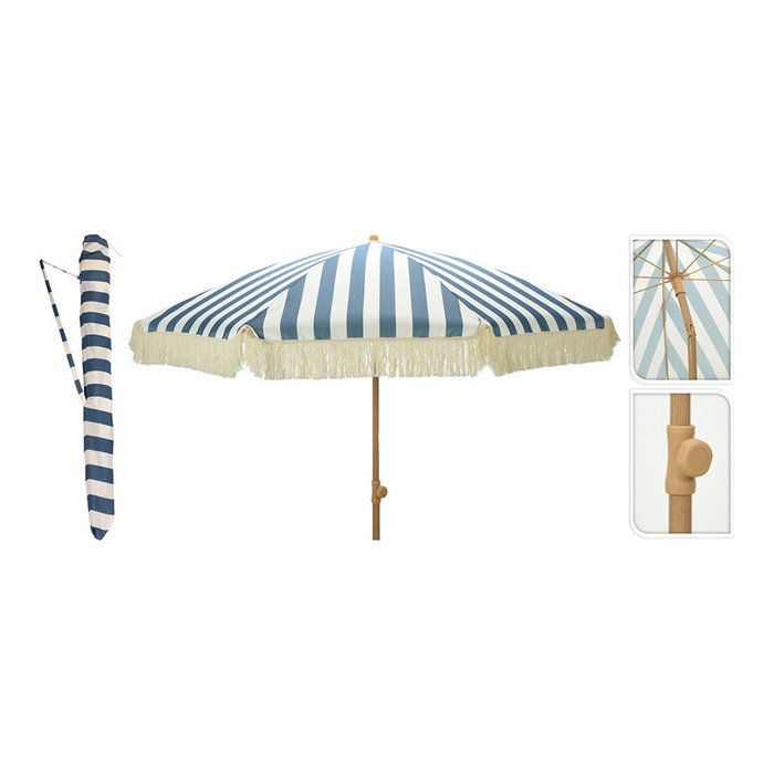 Ambiance Parasol de jardin à rayures bleues avec franges beige, Ø183 x 200 cm Ambiance Parasol de jardin à rayures bleues avec franges beige, Ø183 x 200 cm