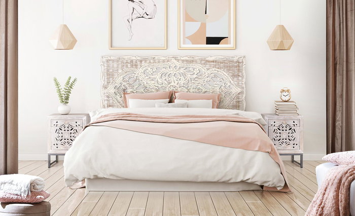 GINER Y COLOMER Cabecero en MDF Blanc Vieilli - Tête de lit décorative en bois de mangle, finition patinée