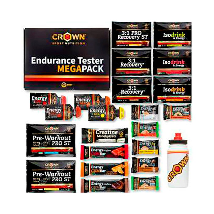 Crown Sport Nutrition Pack Endurance Tester 3.0 - Coffret découverte nutrition sportive pour athlètes d'endurance avec 23 produits et bidon de 550 ml Crown Sport Nutrition Pack Endurance Tester 3.0 - Coffret découverte nutrition sportive pour athlètes d'endurance avec 23 produits et bidon de 550 ml