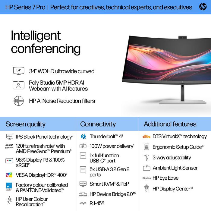 HP Series 7 Pro 734pm - Écran de conférence 34 pouces WQHD avec webcam IA, Thunderbolt 4 et affichage HDR400 IPS Black