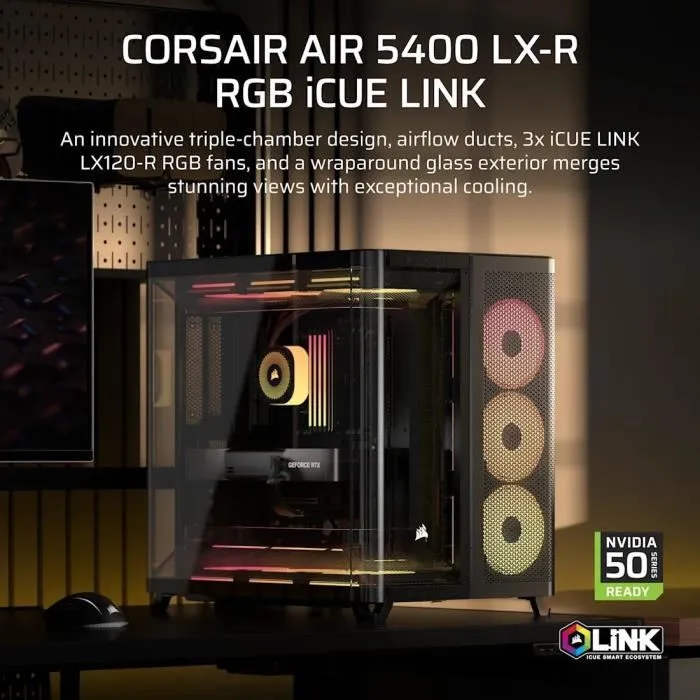 Corsair AIR 5400 - Boîtier PC Gamer ATX Mid-Tower avec Châssis à 3 Chambres, Verre Trempé, Refroidissement Exceptionnel et 3 Ventilateurs RGB à Rotor Inversé Inclus - Noir