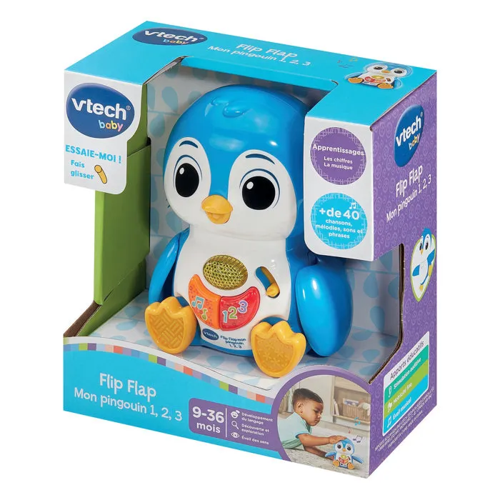 VTECH Baby - Flip Flap Mon Pingouin 1,2,3 Bleu - Jouet d'Éveil Musical et Numérique Interactif avec Sons et Mouvements pour Bébé de 9 à 36 Mois
