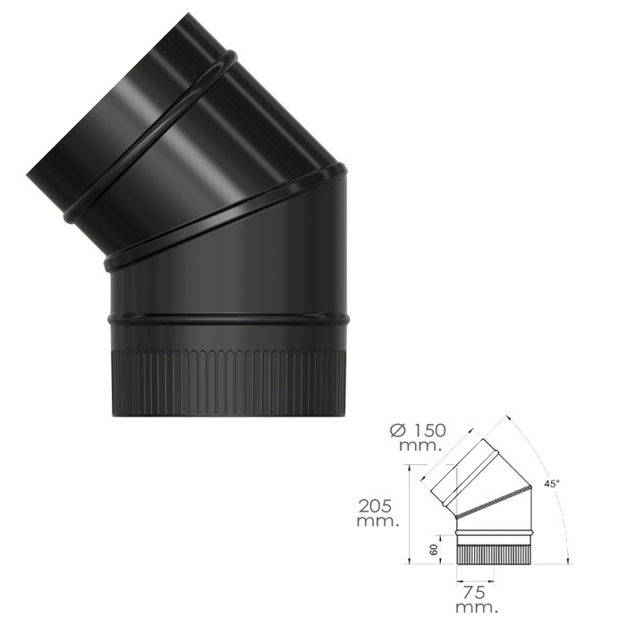 WOLFPACK LINEA PROFESIONAL Coude de Poêle Lisse Noir Vitrifié Ø 150 mm 45°