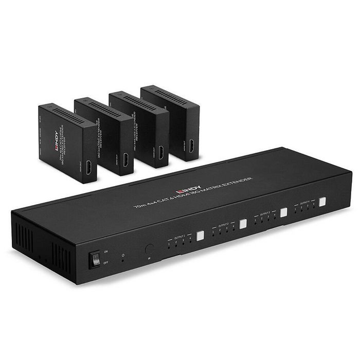 Lindy - Matrice extender HDMI 4K60 4x4 via câble Cat.6 avec contrôle IR, PoC et prise en charge HDR, longueur jusqu'à 70 mètres Lindy - Matrice extender HDMI 4K60 4x4 via câble Cat.6 avec contrôle IR, PoC et prise en charge HDR, longueur jusqu'à 70 mètres