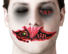 Maquillage Effet Tattoo Facial Mutant - Tattoo Effet Cicatrice Cousue avec Œil et Bouche Déchirée, Accessoire Halloween Horreur