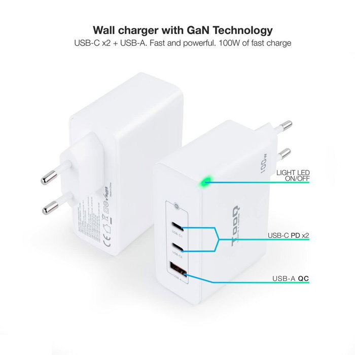 Chargeur mural TooQ TQWC-GANQC2PD100W Blanc 100 W