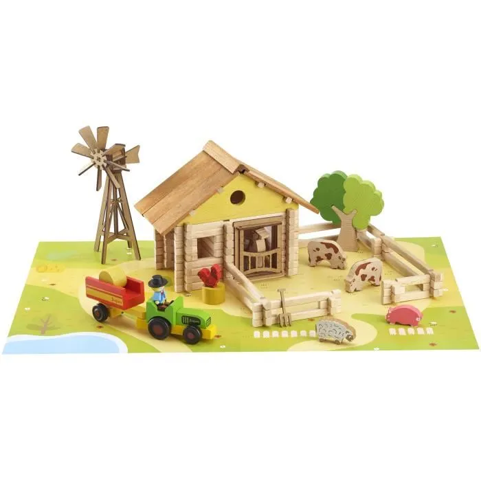 Jeujura - Jeu de construction en bois Ma Ferme, 145 pièces avec tapis et accessoires, valisette 39x32x11 cm, pour enfants dès 5 ans