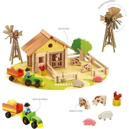 Jeujura - Jeu de construction en bois Ma Ferme, 145 pièces avec tapis et accessoires, valisette 39x32x11 cm, pour enfants dès 5 ans