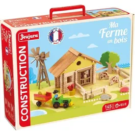 Jeujura - Jeu de construction en bois Ma Ferme, 145 pièces avec tapis et accessoires, valisette 39x32x11 cm, pour enfants dès 5 ans
