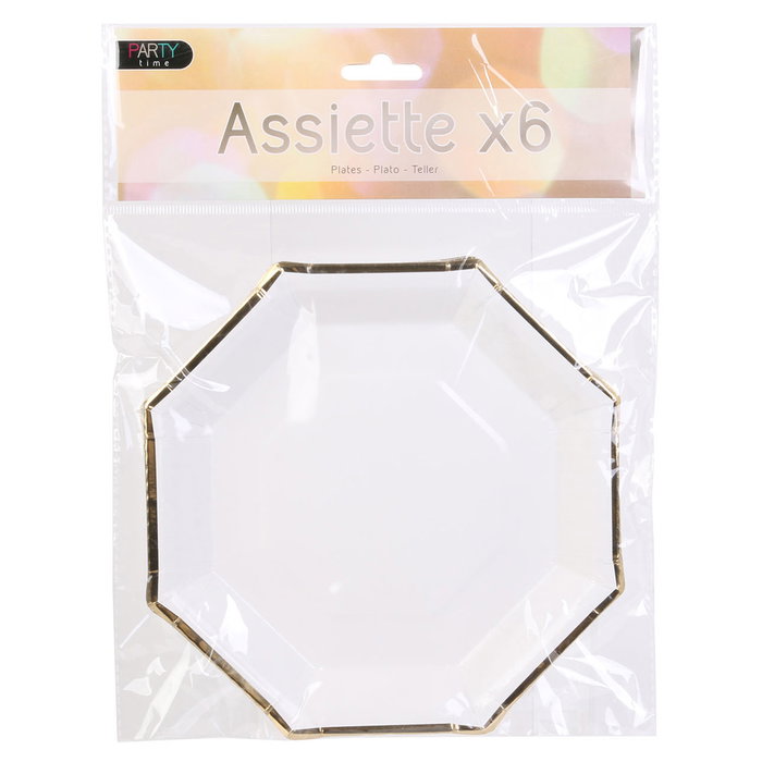 Party Time Lot de 6 Plats Hexagonaux Jetables 18 cm avec Bordure Dorée