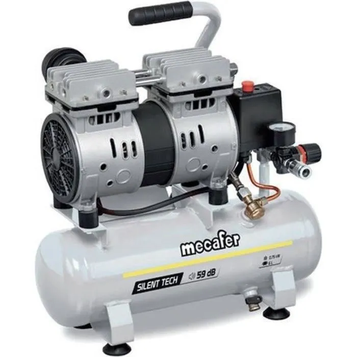 Mecafer Compresseur silencieux 6L 0.5HP avec technologie Silent Tech, 59 dB(A), moteur brushless, sans huile - Réf. 425513 Mecafer Compresseur silencieux 6L 0.5HP avec technologie Silent Tech, 59 dB(A), moteur brushless, sans huile - Réf. 425513