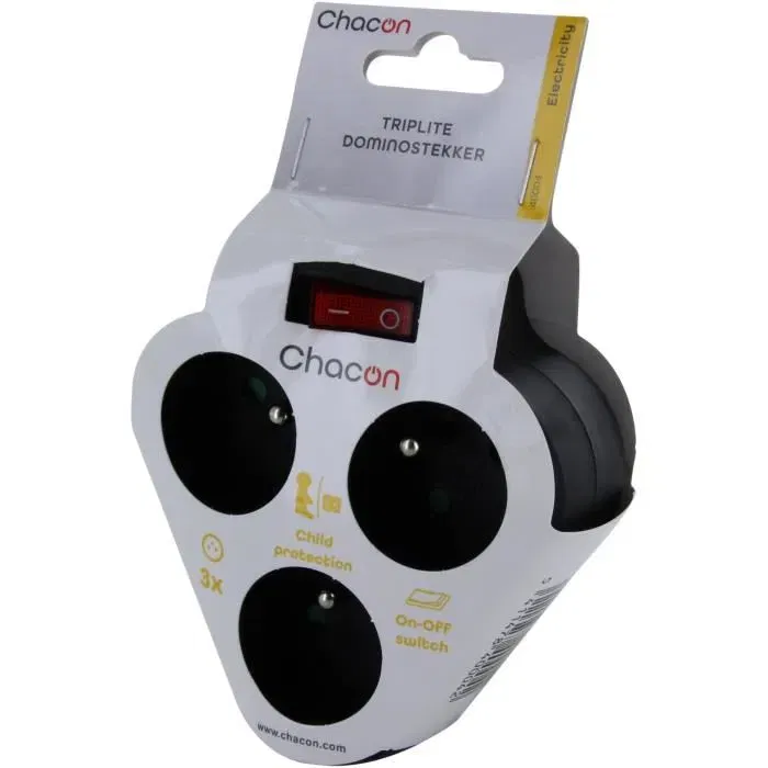Chacon - Domino 3x16A - Triple prise électrique triangulaire avec interrupteur, 16A, type E (français), pour intérieur - Noir