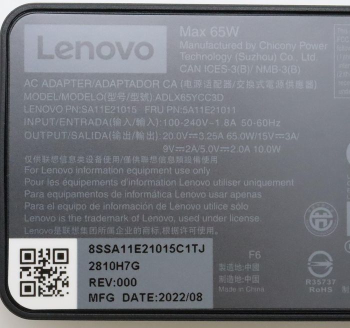 Lenovo Adaptateur secteur 65W avec Power Delivery (PD) - Compatibilité mondiale, tensions 20V/15V/9V/5V - Pour ordinateur portable et périphériques