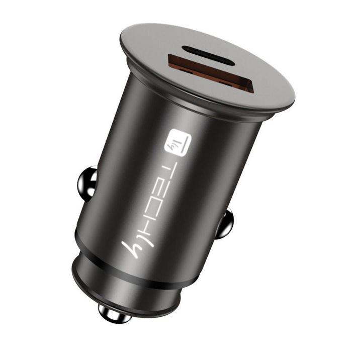 Techly - Chargeur Allume-Cigare Voiture Mini USB-A et USB-C Quick Charge 3.0 38W en Métal Noir