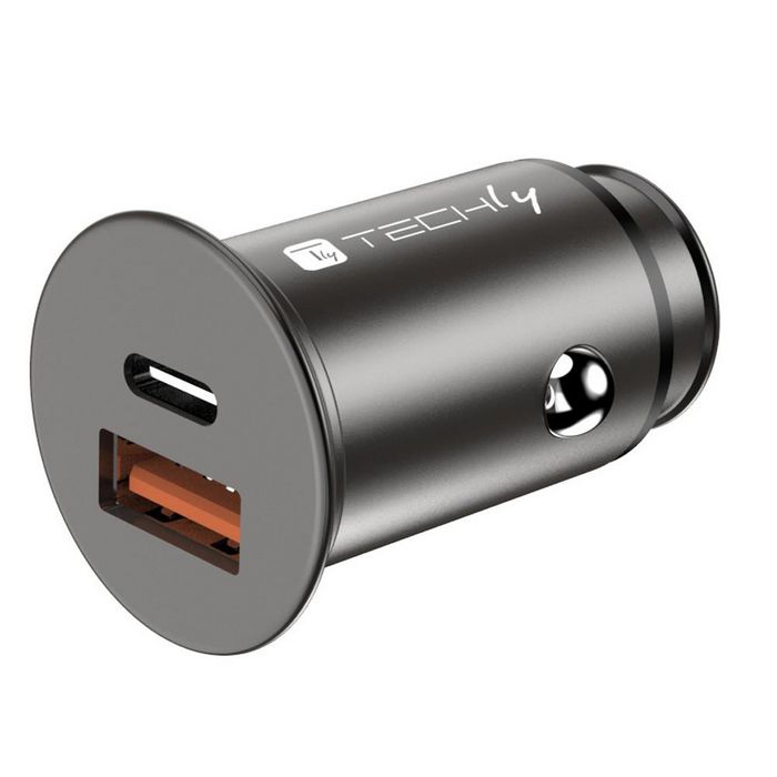Techly - Chargeur Allume-Cigare Voiture Mini USB-A et USB-C Quick Charge 3.0 38W en Métal Noir