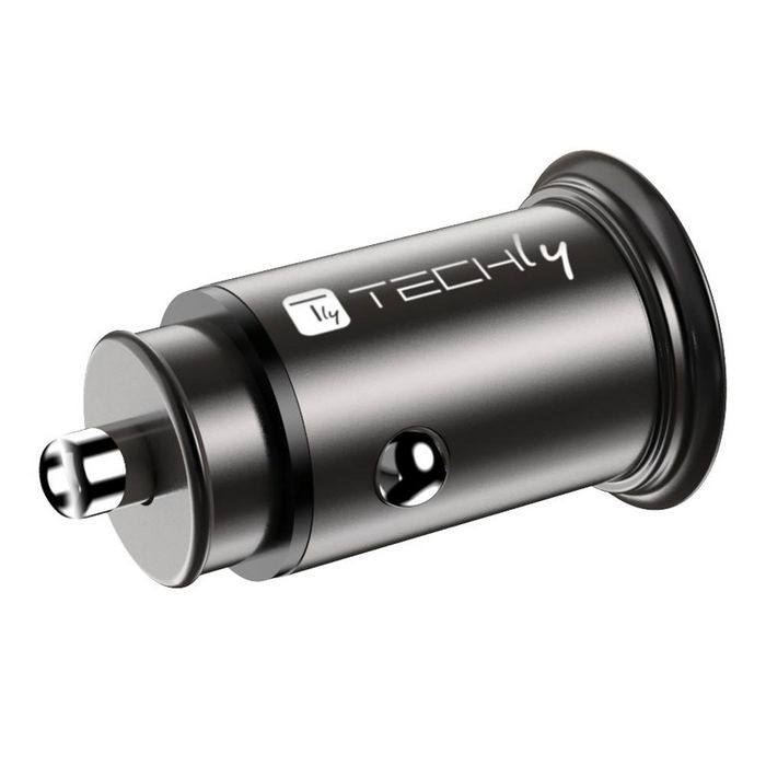 Techly - Chargeur Allume-Cigare Voiture Mini USB-A et USB-C Quick Charge 3.0 38W en Métal Noir