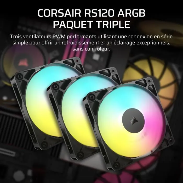 Corsair RS120 Pack de 3 Ventilateurs PC ARGB 120 mm - Refroidissement Exceptionnel et Effets Lumineux Dynamiques - Ventilateurs de Radiateur Haute Pression Statique 2.8 mm-H2O