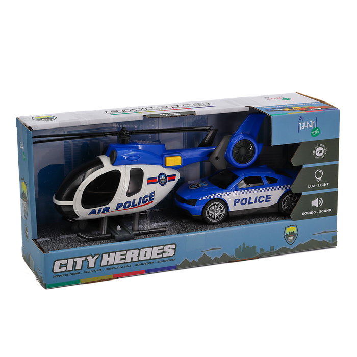 TACHAN Hélicoptère et Voiture de Police avec Lumières et Sons - Jouet Échelle 1:14 Heroes De Ciudad - Langues: Anglais, Français, Allemand, Italien, Portugais, Espagnol