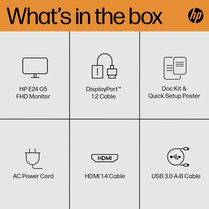 HP Écran E24 G5 - 23,8 Pouces FHD (1920x1080) IPS - 75 Hz - Réglage Hauteur/Pivot - Micro-bordure 3 côtés - Connectivité complète - HP Eye Ease