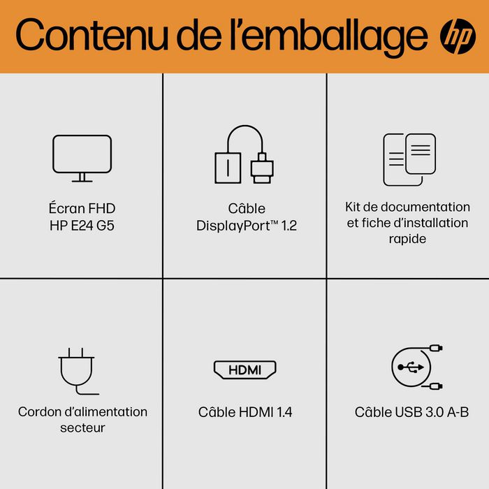 HP Écran E24 G5 - 23,8 Pouces FHD (1920x1080) IPS - 75 Hz - Réglage Hauteur/Pivot - Micro-bordure 3 côtés - Connectivité complète - HP Eye Ease