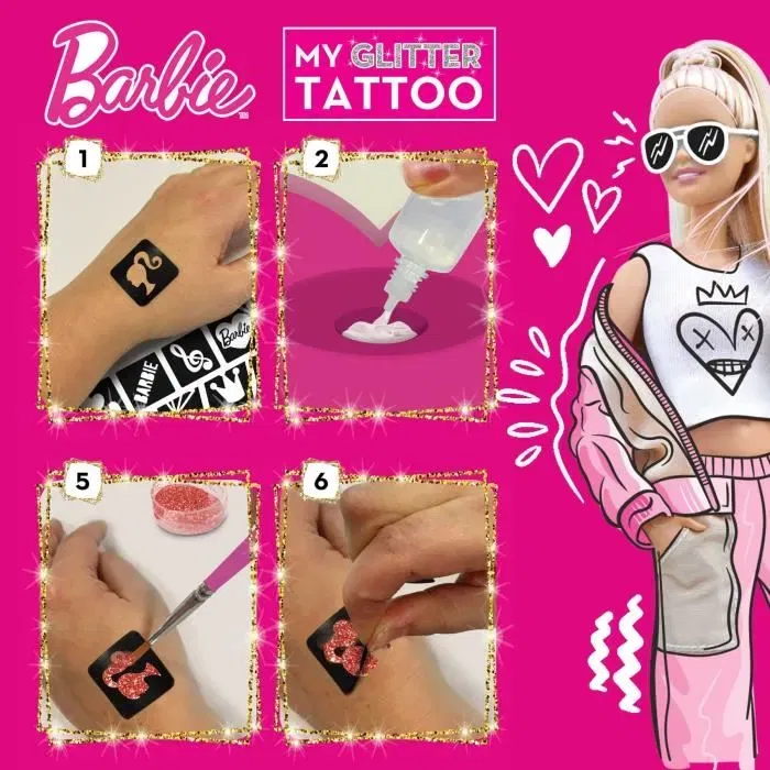 Lisciani Tatouages Barbie - Kit Créatif Tatouages Pailletés et Brillants avec Gemmes - Matériel Sûr