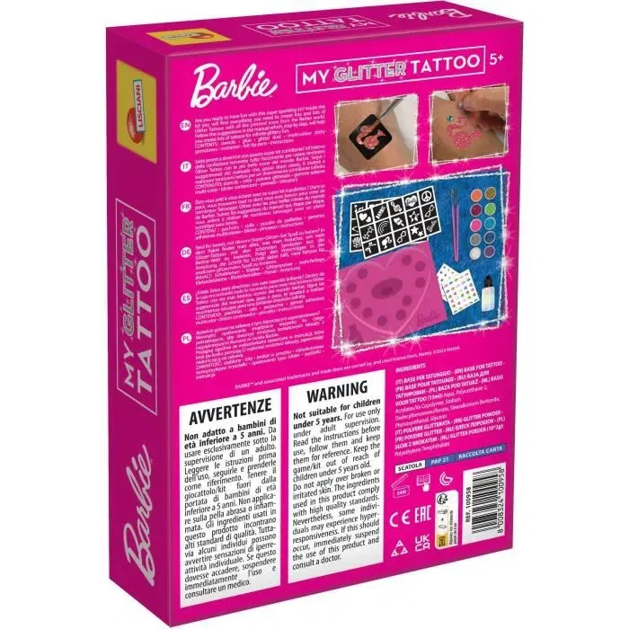 Lisciani Tatouages Barbie - Kit Créatif Tatouages Pailletés et Brillants avec Gemmes - Matériel Sûr