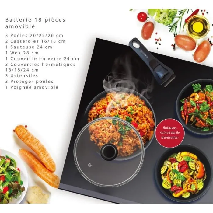 Art & Cuisine AC1824 Batterie de cuisine 18 pièces en aluminium antiadhésif, compatible induction, poignée amovible, pour tous feux