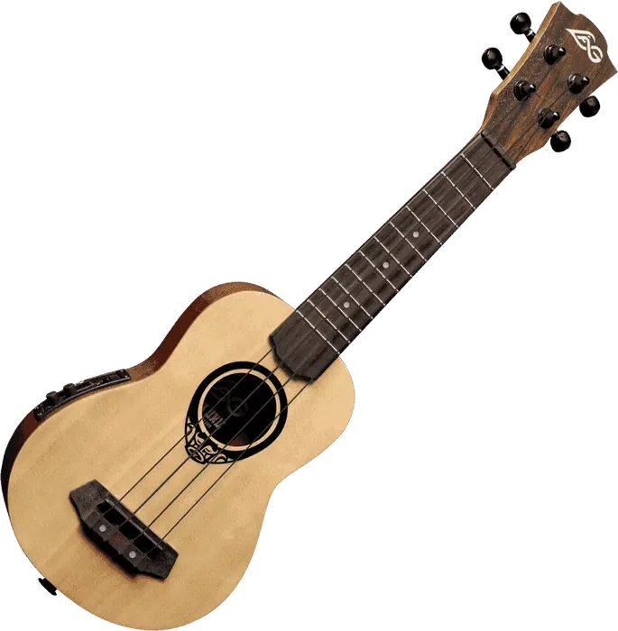 LAG Tiki Uku Baby Soprano Ukulélé Électro-Acoustique Slim Arch Back, Table en Épicéa Massif, Fond en Acajou