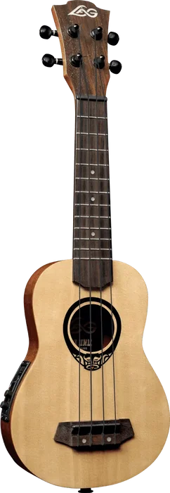 LAG Tiki Uku Baby Soprano Ukulélé Électro-Acoustique Slim Arch Back, Table en Épicéa Massif, Fond en Acajou