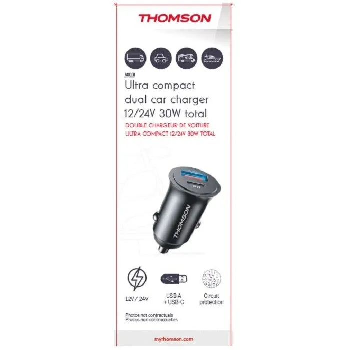 Thomson Chargeur Allume-Cigare Ultra-Compact 12V/24V USB-C PD 20W + QC 3.0 18W (30W Total) pour Voiture, Camion, Camping-Car