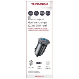 Thomson Chargeur Allume-Cigare Ultra-Compact 12V/24V USB-C PD 20W + QC 3.0 18W (30W Total) pour Voiture, Camion, Camping-Car