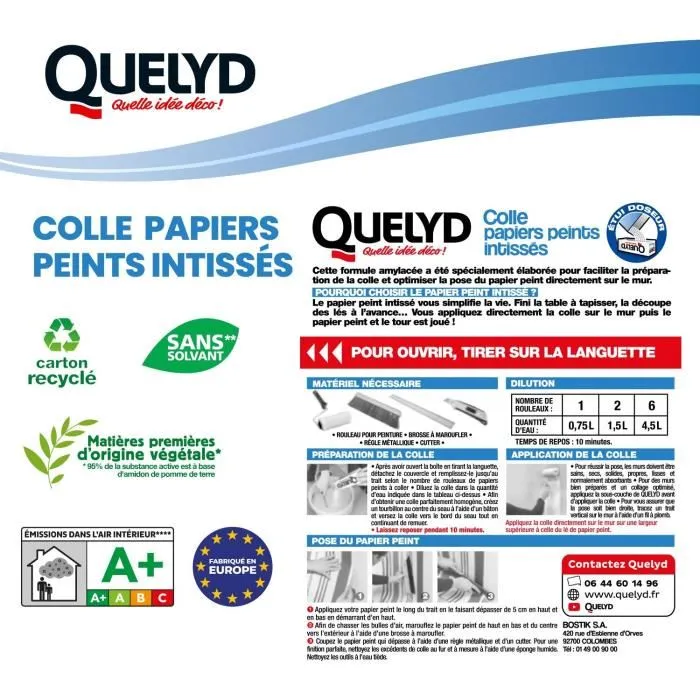 Quelyd - Colle à papier peint intissé en poudre - Pour tous papiers intissés et vinyle - Application murale directe - Préparation facile - Sans grumeaux - 300 g Quelyd - Colle à papier peint intissé en poudre - Pour tous papiers intissés et vinyle - Application murale directe - Préparation facile - Sans grumeaux - 300 g