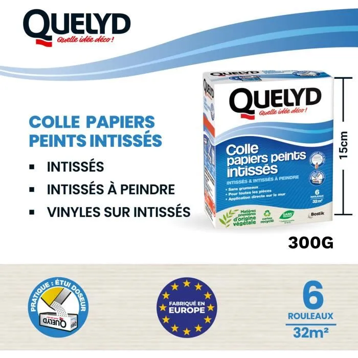 Quelyd - Colle à papier peint intissé en poudre - Pour tous papiers intissés et vinyle - Application murale directe - Préparation facile - Sans grumeaux - 300 g Quelyd - Colle à papier peint intissé en poudre - Pour tous papiers intissés et vinyle - Application murale directe - Préparation facile - Sans grumeaux - 300 g
