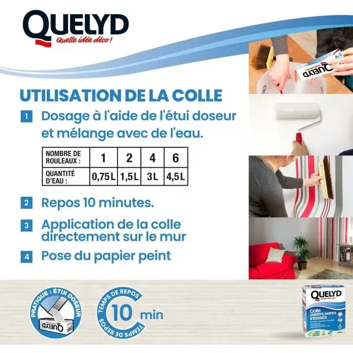 Quelyd - Colle à papier peint intissé en poudre - Pour tous papiers intissés et vinyle - Application murale directe - Préparation facile - Sans grumeaux - 300 g Quelyd - Colle à papier peint intissé en poudre - Pour tous papiers intissés et vinyle - Application murale directe - Préparation facile - Sans grumeaux - 300 g