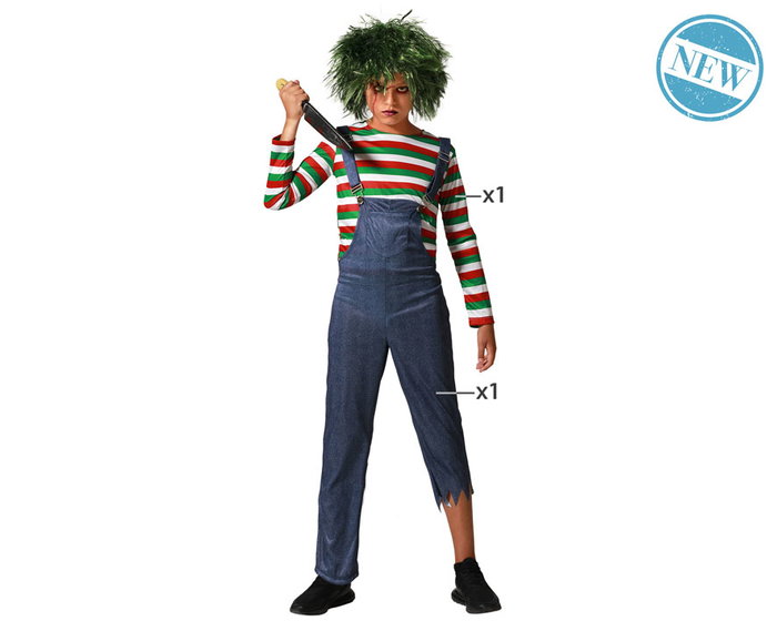 Déguisement enfant de poupée maudite avec chemise à rayures et salopette pour Halloween - 10-12 ans Déguisement enfant de poupée maudite avec chemise à rayures et salopette pour Halloween - 10-12 ans