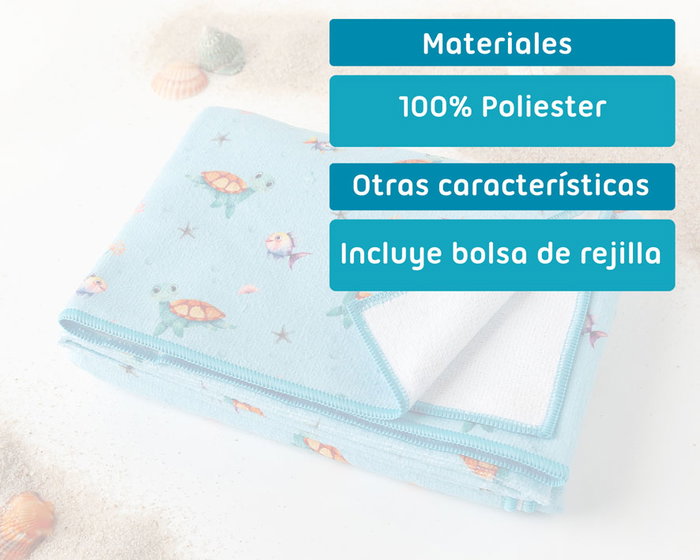 KioKids Toalla Toile de Plage et Piscine en Microfibre - Motif Tortues Bleu - 75x150 cm - Sac Filet et Mousqueton Inclus - Idéal pour Bébé et Enfant