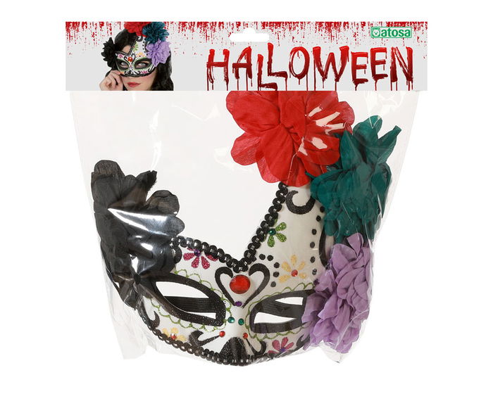 Antifaz mexicano pour le Jour des Morts en multicolore avec fleurs et brillants pour déguisement de Catrina, carnaval ou événements culturels